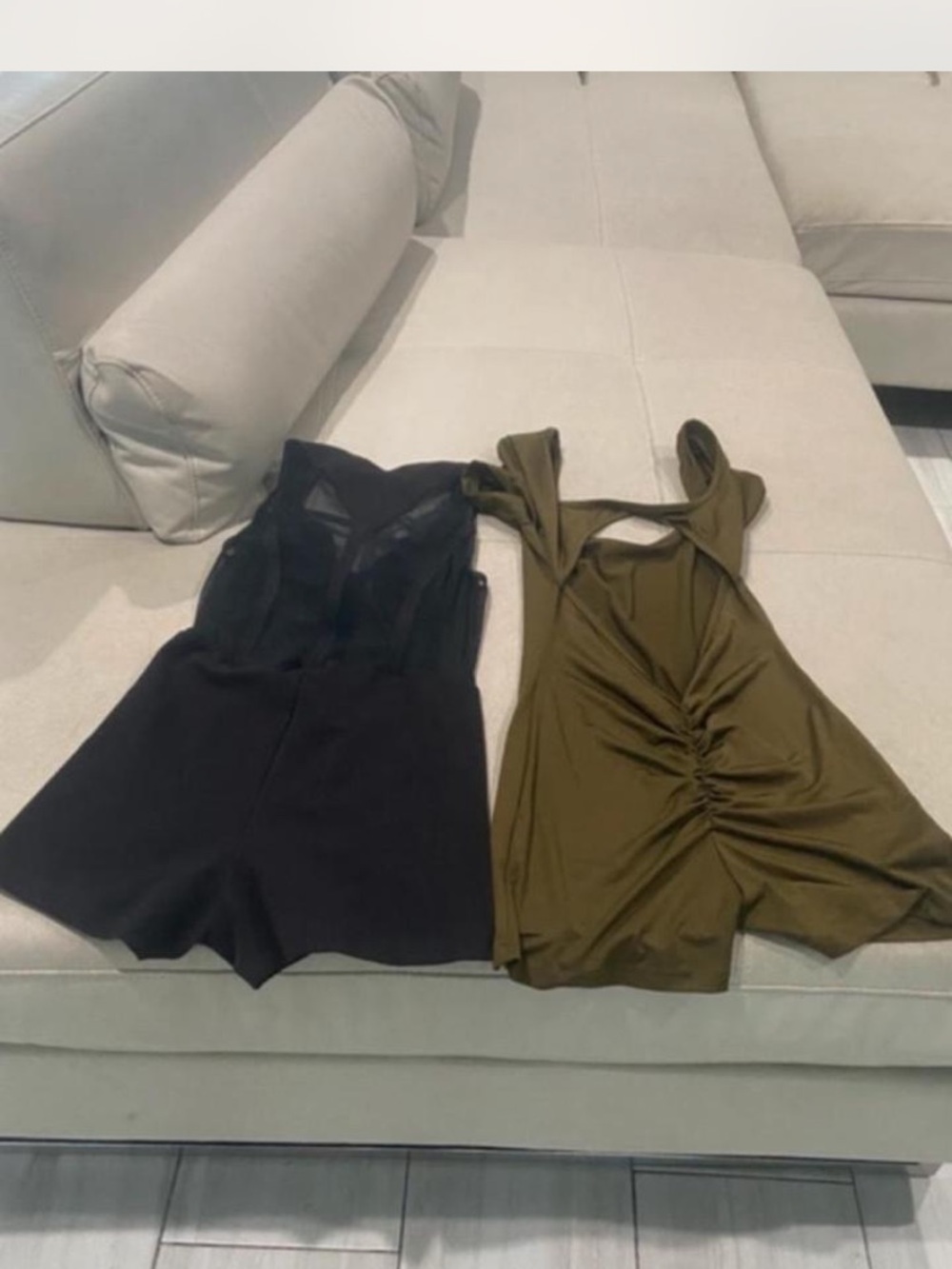 Sleeveless Black Mesh Romper + Olive Ruched Tank Romper Two-Pack